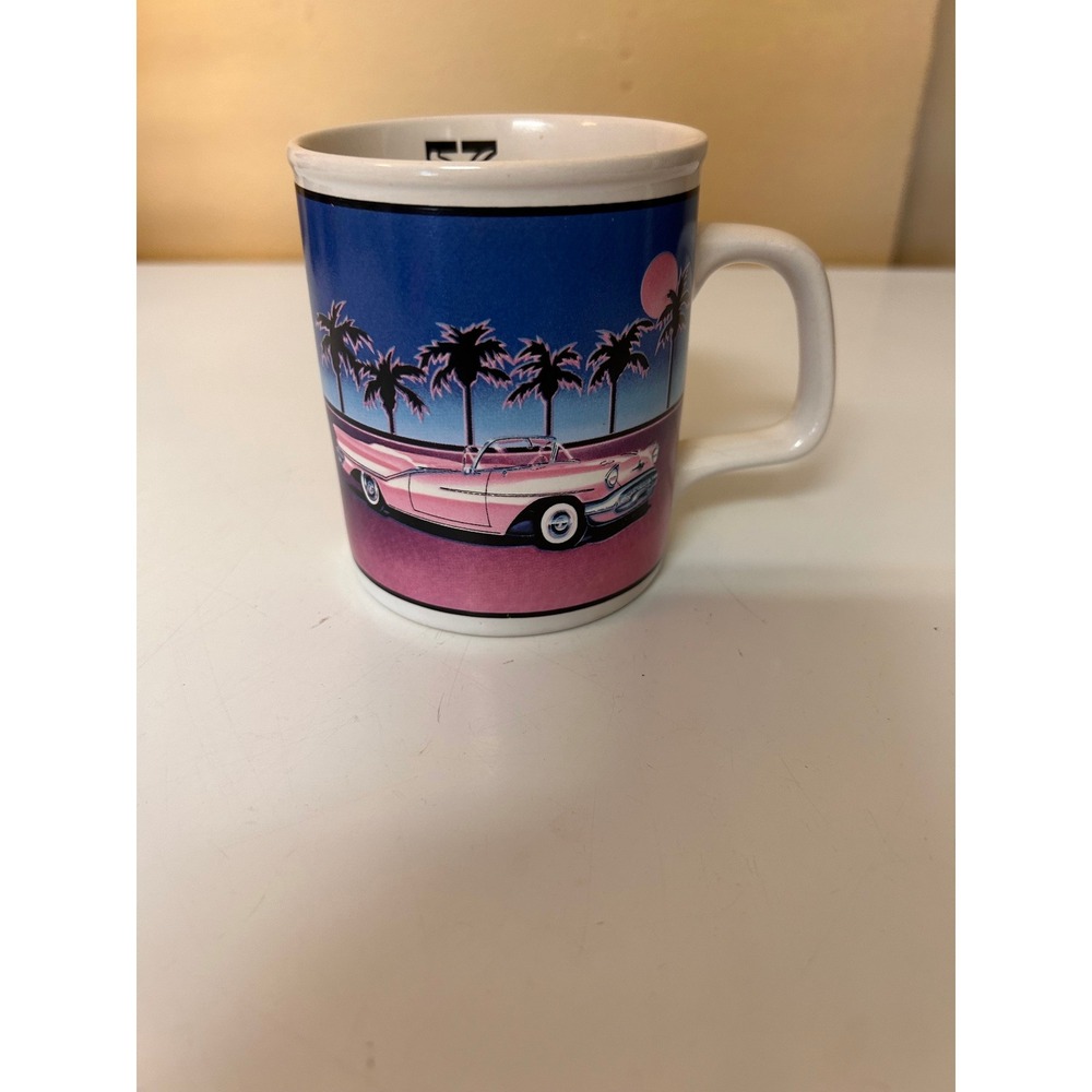Vintage 1985 Enesco 57 Heaven Pink Oldsmobile Palm Tree Coffee Mug Vaporwave